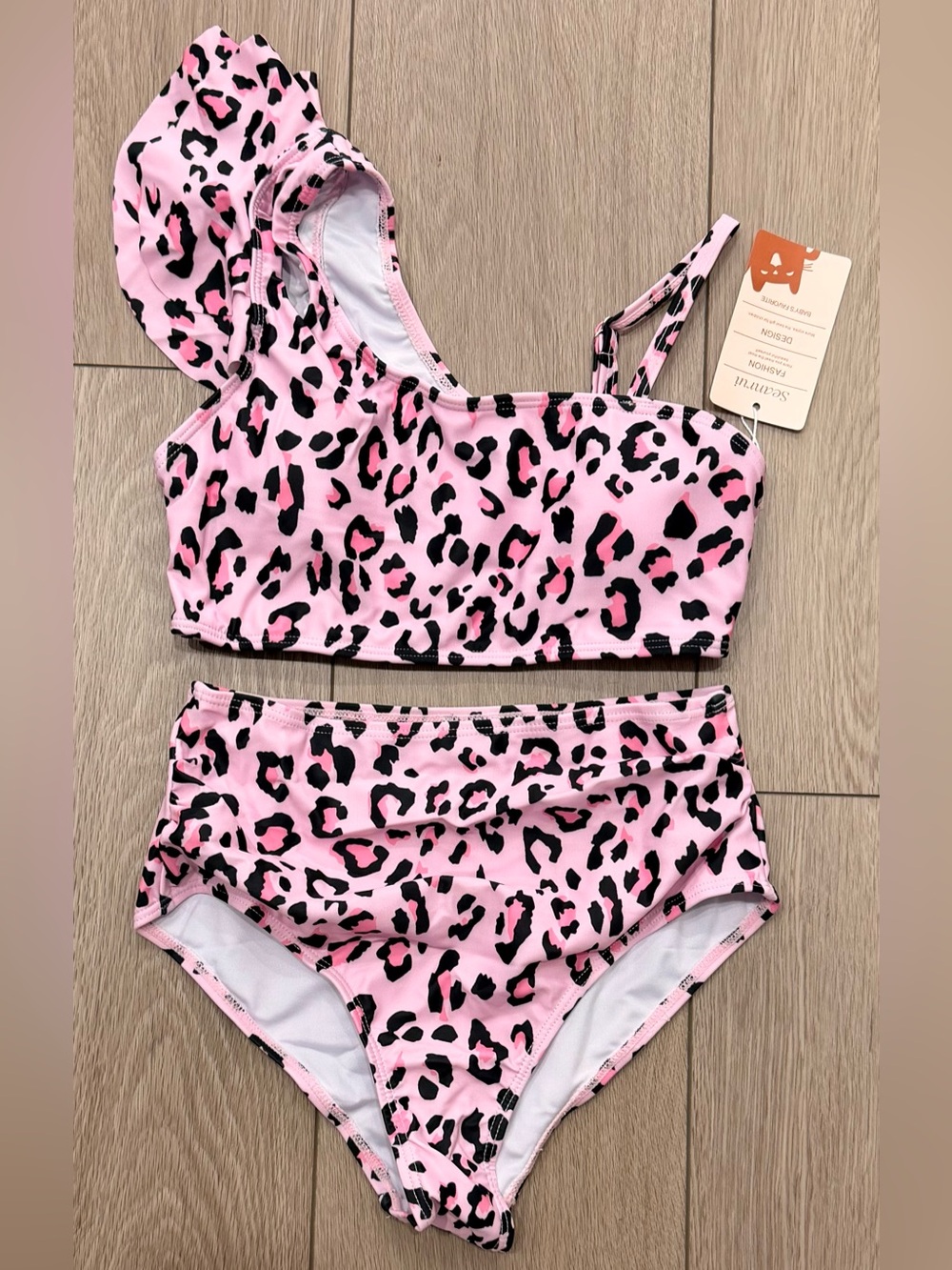 Nwt- size 10 years- Kids Pink Leopard Print Two-Piece Swim Set